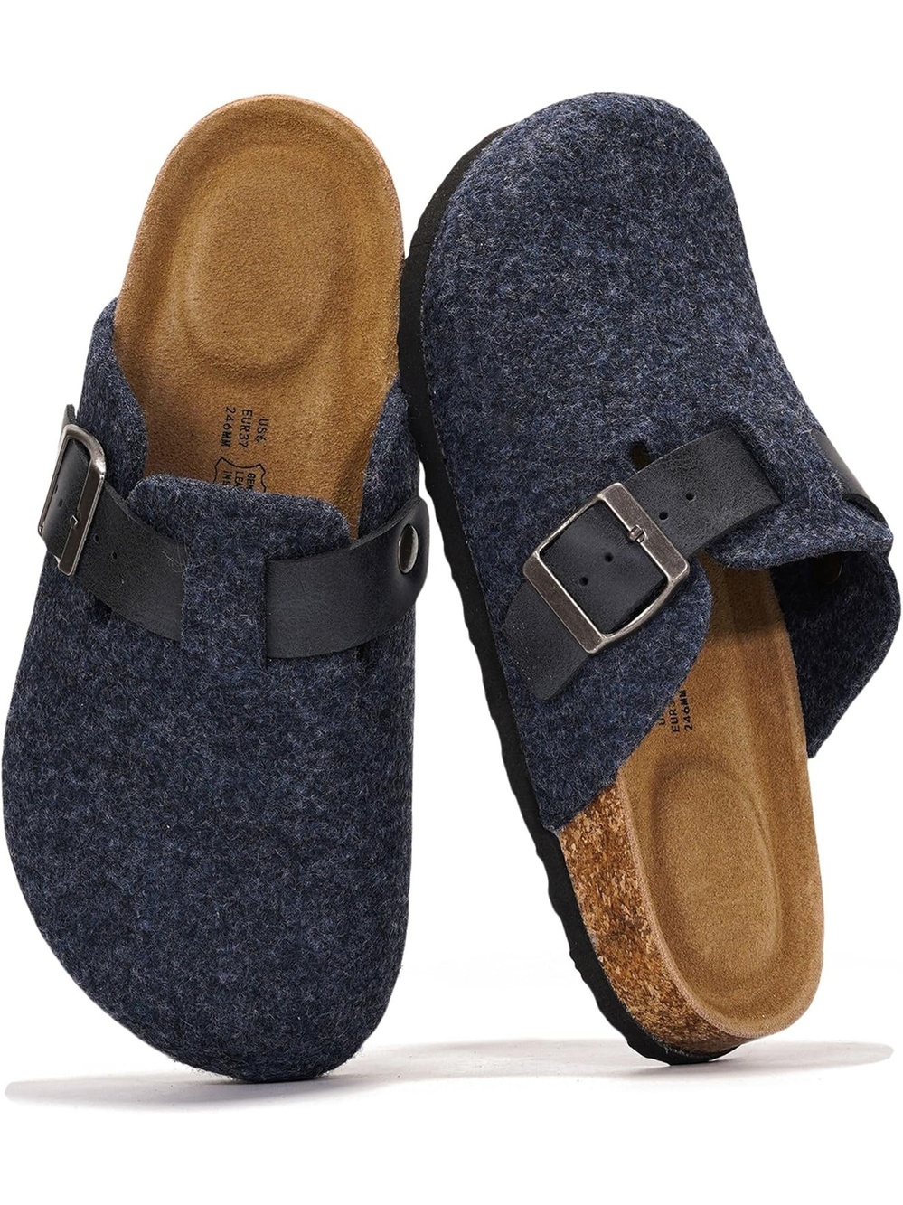 Women's Navy Wool Closed Toe Flat Slip On Benton Footbed Casual Mules Clog